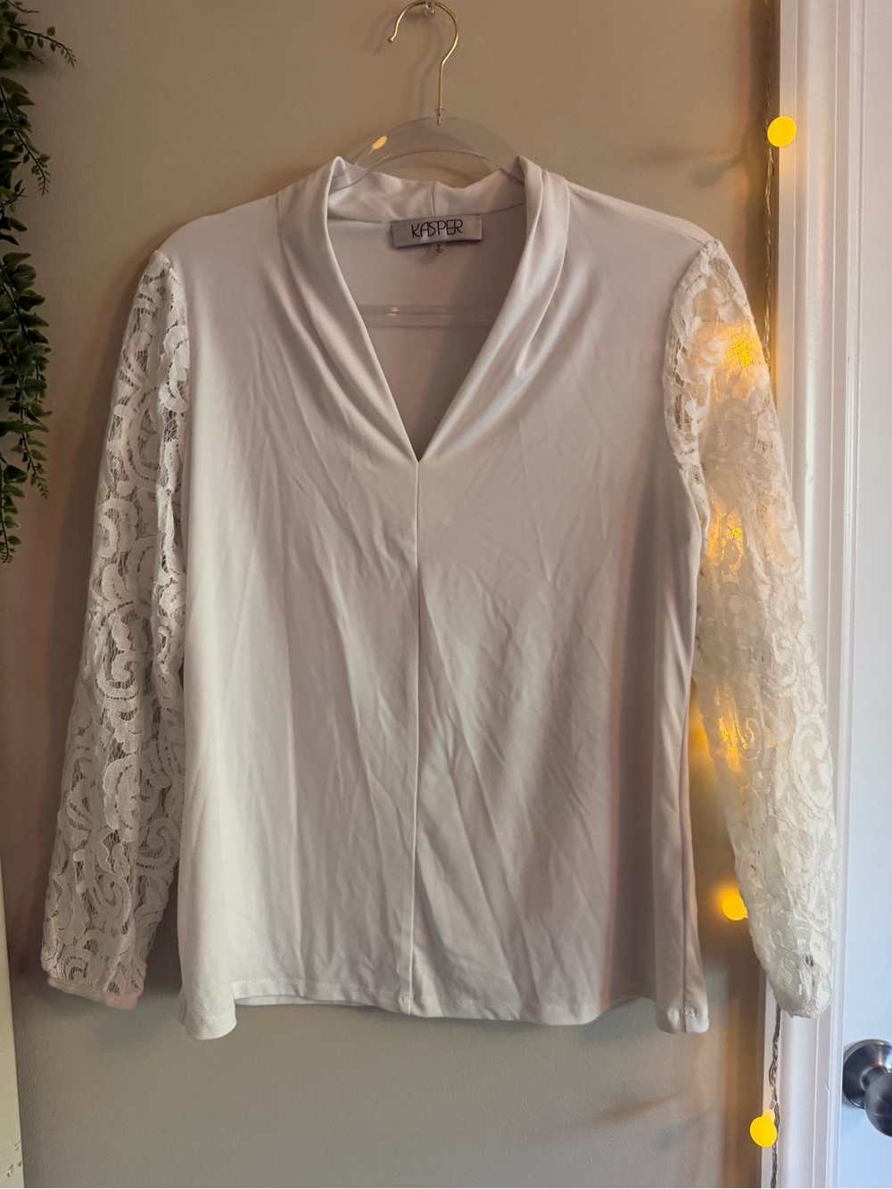 Kasper Cream V-Neck Blouse with Lace Long Sleeves
